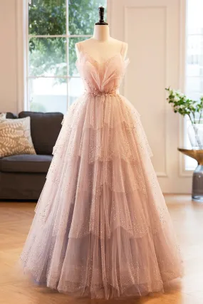 Gorgeous V Neck Beaded Layered PinkTulle Long Prom Dresses, A-Line Evening Party Dresses
