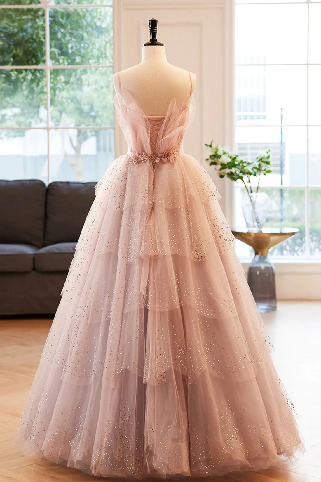 Gorgeous V Neck Beaded Layered PinkTulle Long Prom Dresses, A-Line Evening Party Dresses