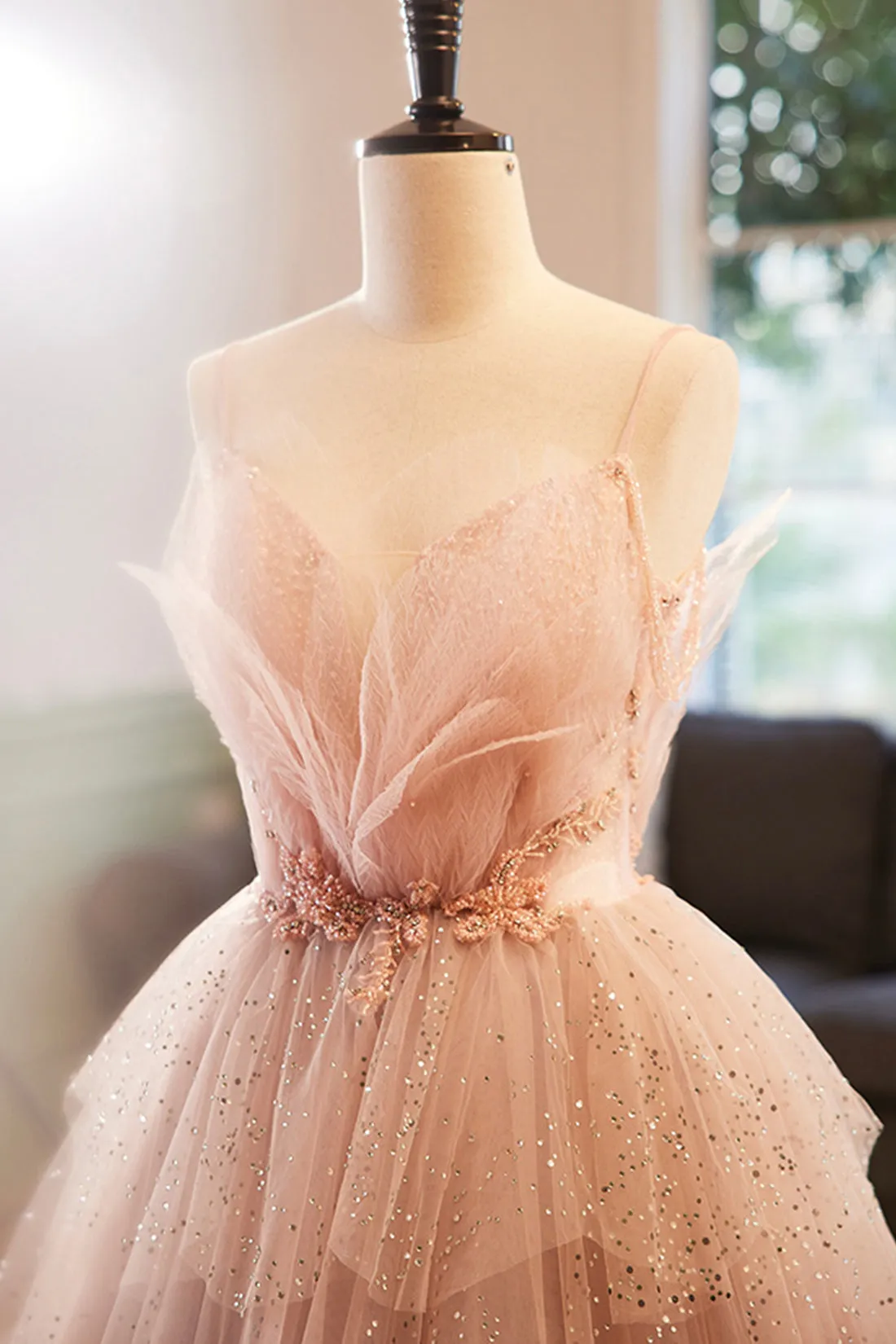 Gorgeous V Neck Beaded Layered PinkTulle Long Prom Dresses, A-Line Evening Party Dresses