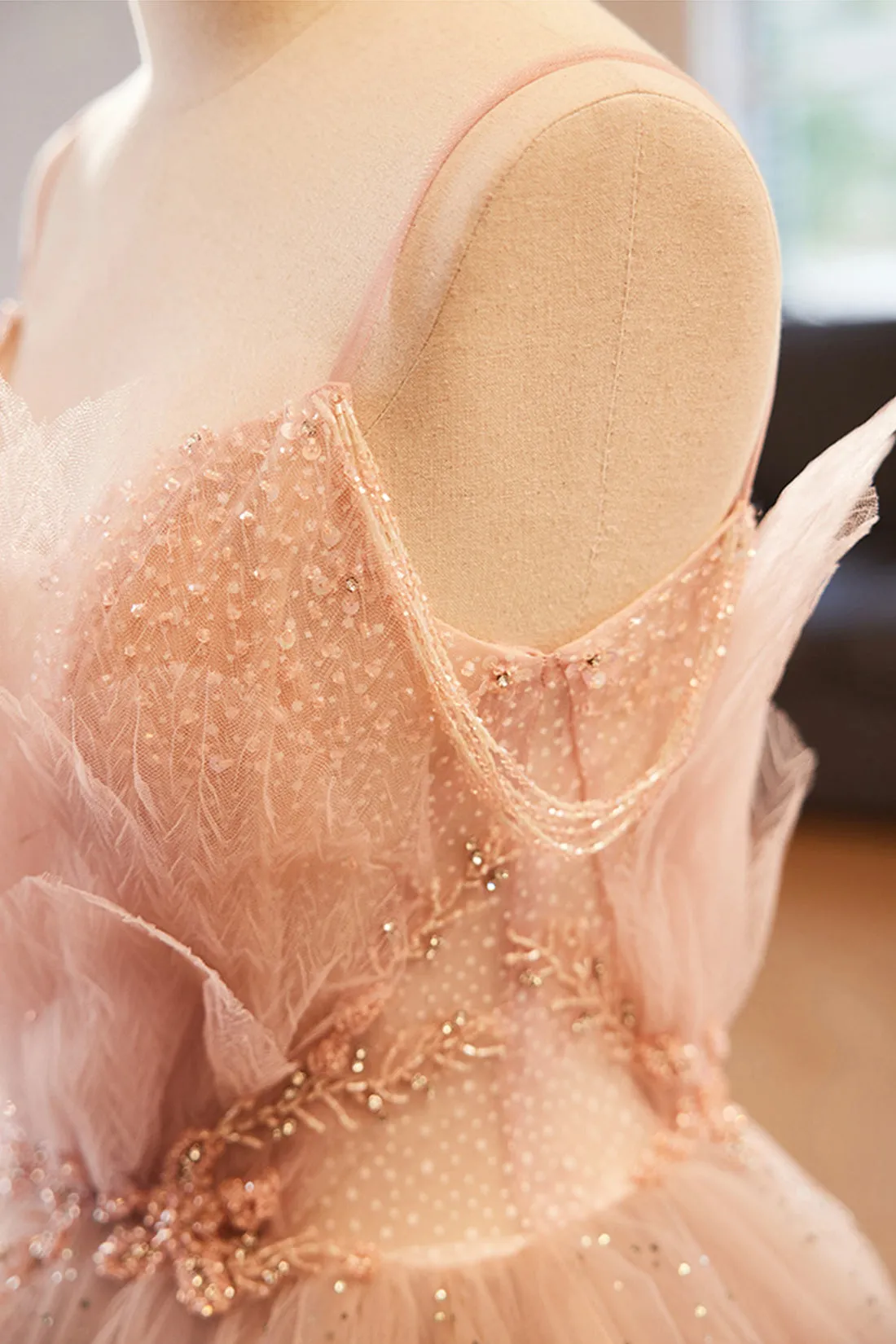 Gorgeous V Neck Beaded Layered PinkTulle Long Prom Dresses, A-Line Evening Party Dresses
