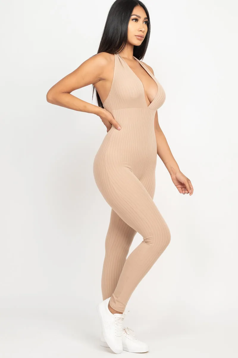 Halter V Neck Ribbed Bodycon Jumpsuit (CAPELLA)