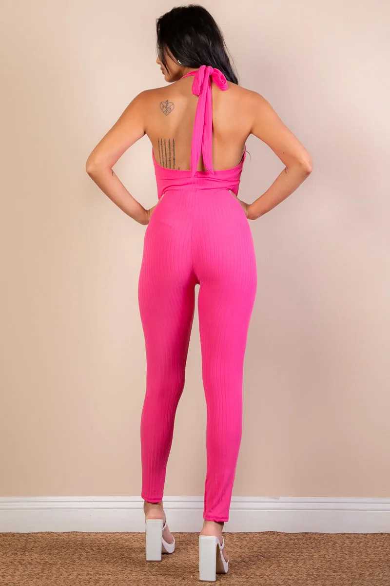 Halter V Neck Ribbed Bodycon Jumpsuit (CAPELLA)