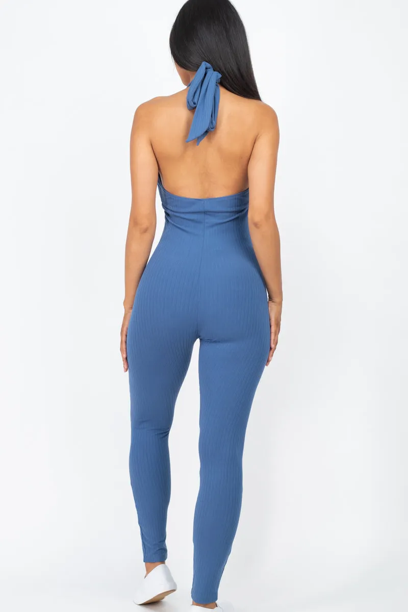 Halter V Neck Ribbed Bodycon Jumpsuit (CAPELLA)