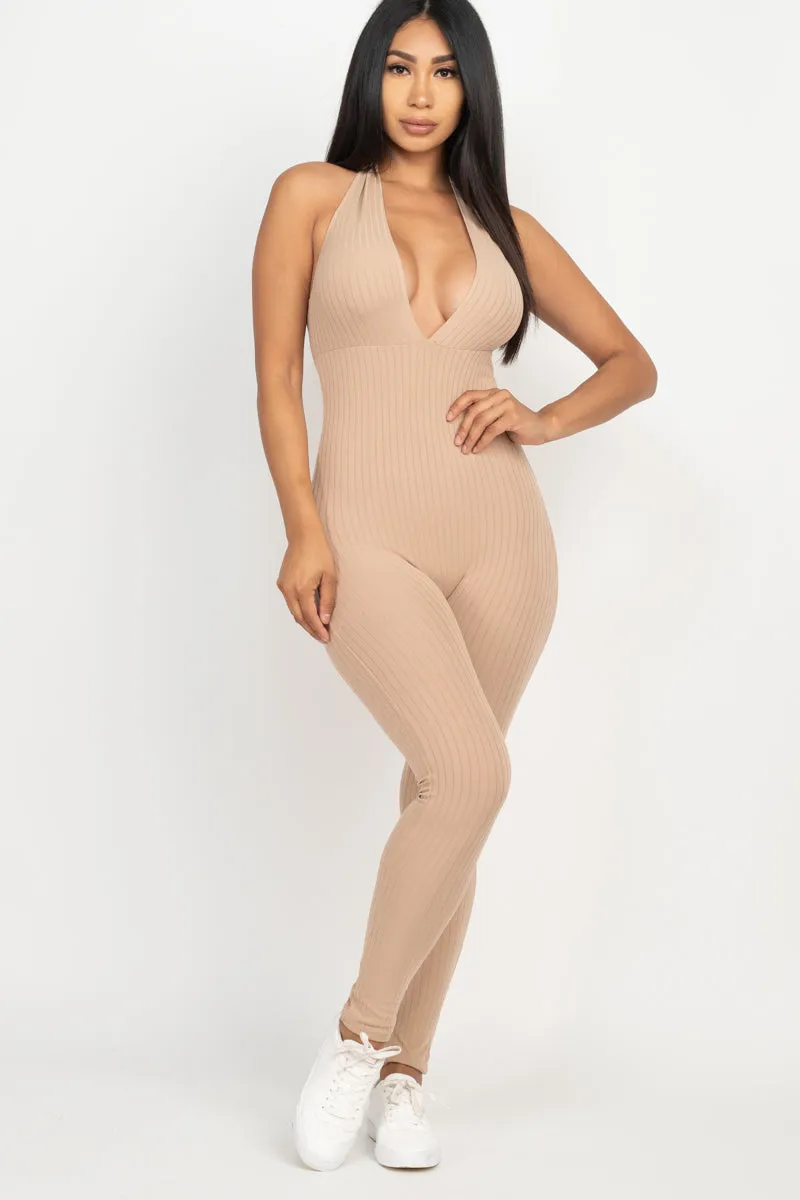 Halter V Neck Ribbed Bodycon Jumpsuit (CAPELLA)