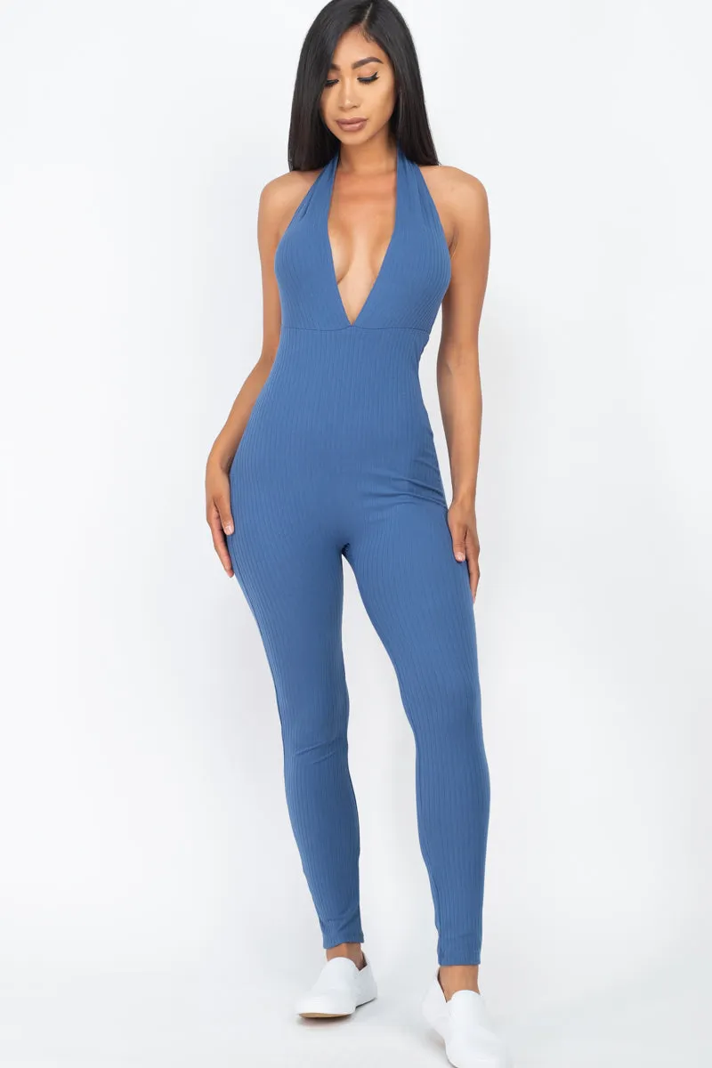 Halter V Neck Ribbed Bodycon Jumpsuit (CAPELLA)