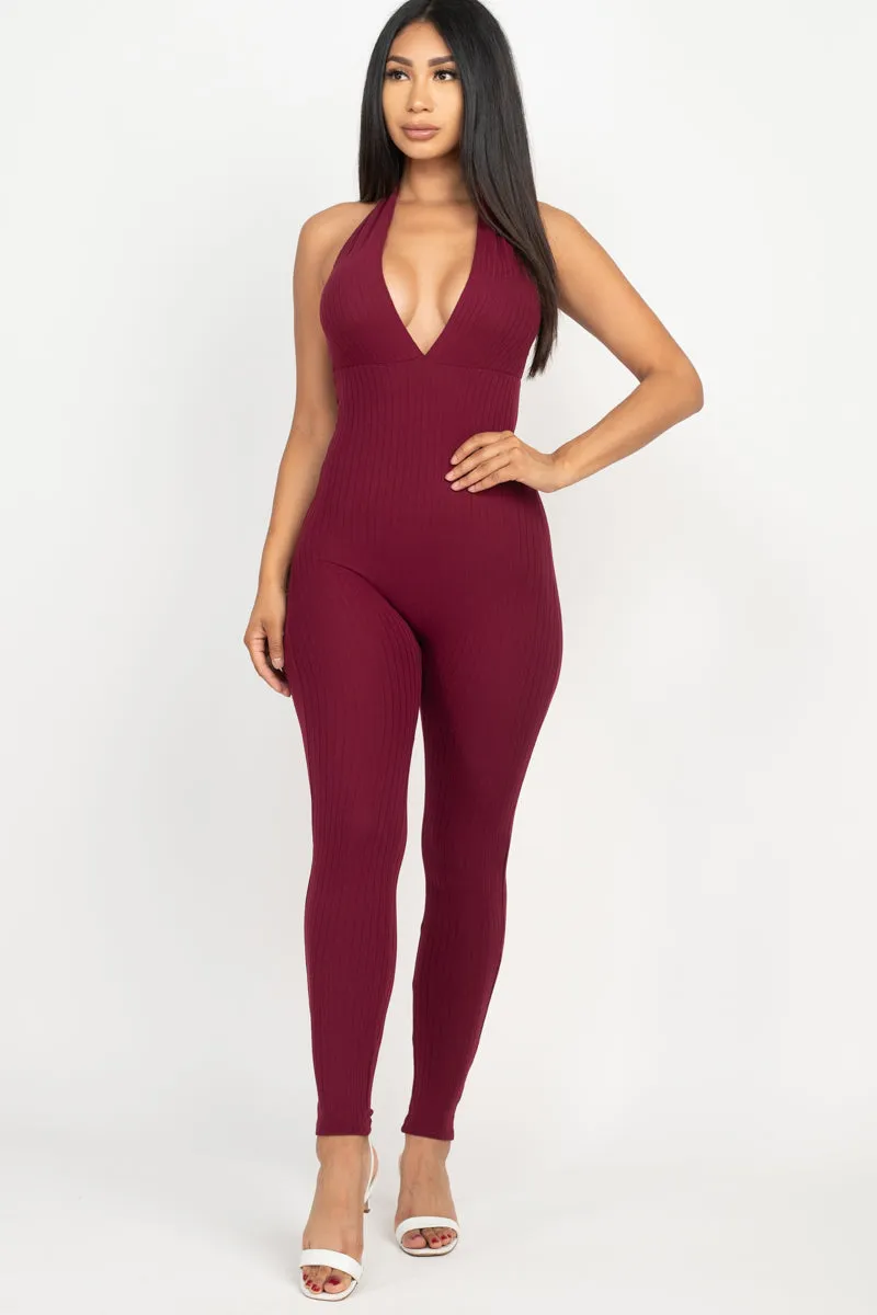 Halter V Neck Ribbed Bodycon Jumpsuit