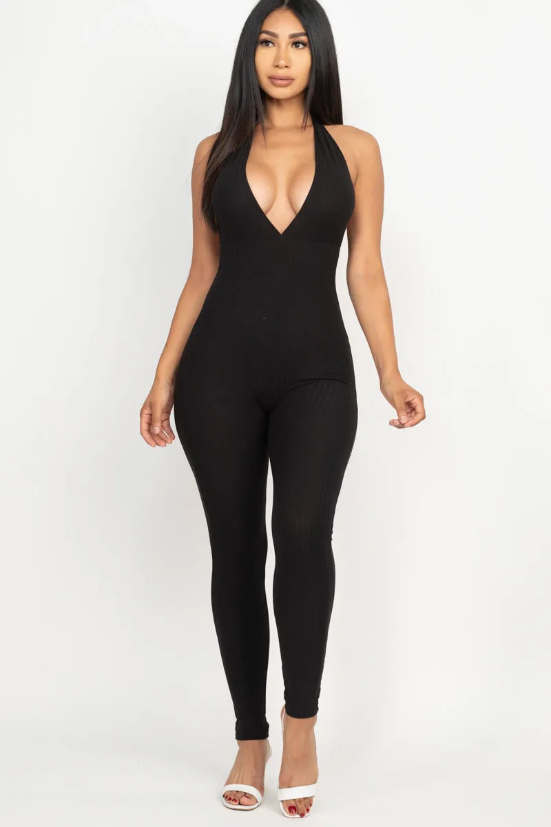 Halter V Neck Ribbed Bodycon Jumpsuit