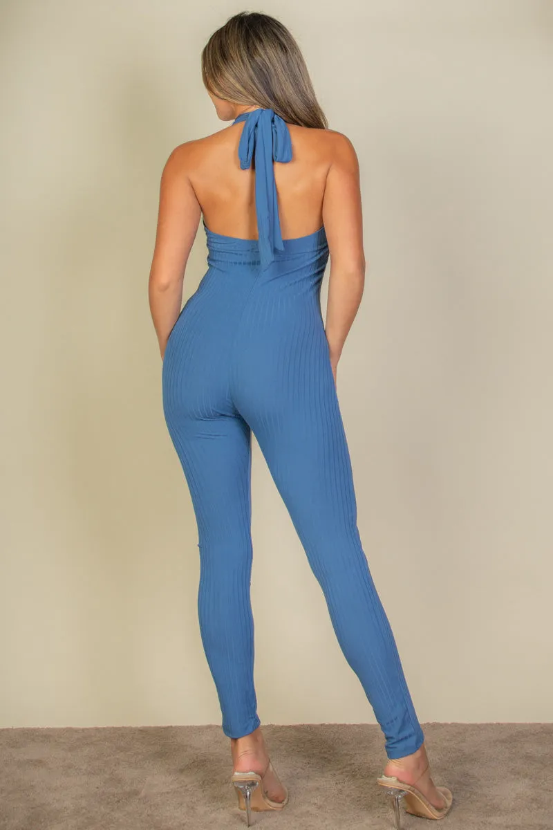 Halter V Neck Ribbed Bodycon Jumpsuit