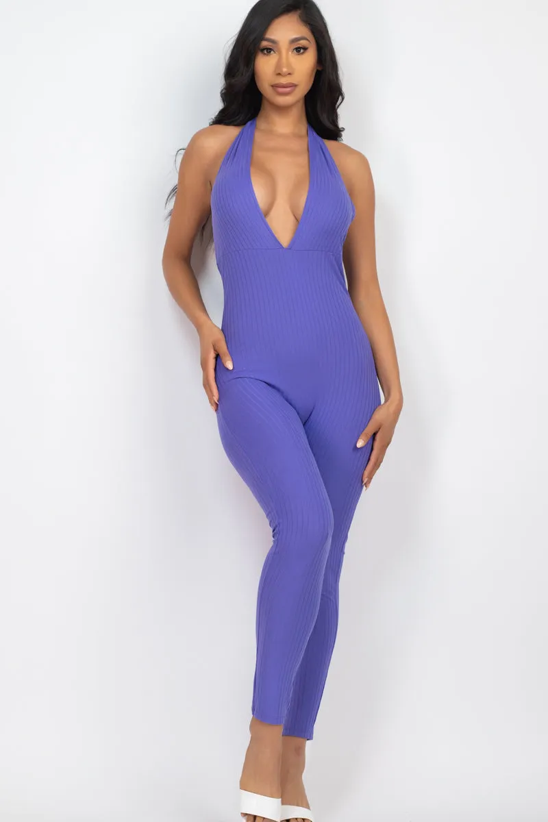 Halter V Neck Ribbed Bodycon Jumpsuit