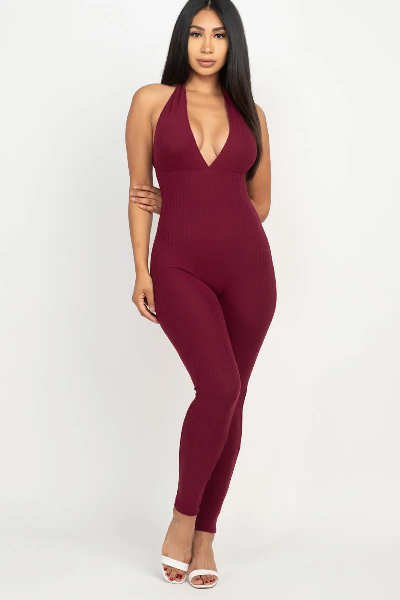 Halter V Neck Ribbed Bodycon Jumpsuit