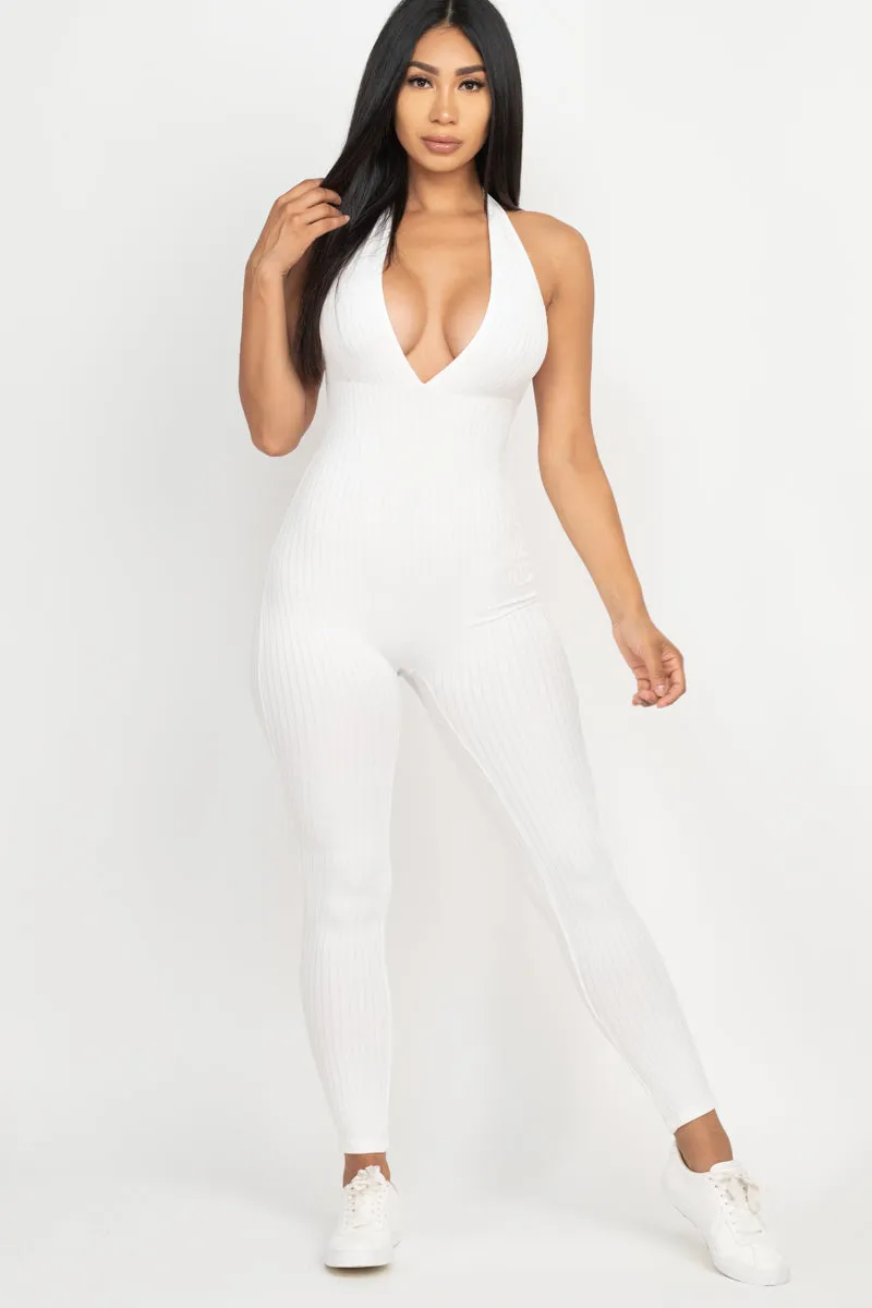 Halter V Neck Ribbed Bodycon Jumpsuit