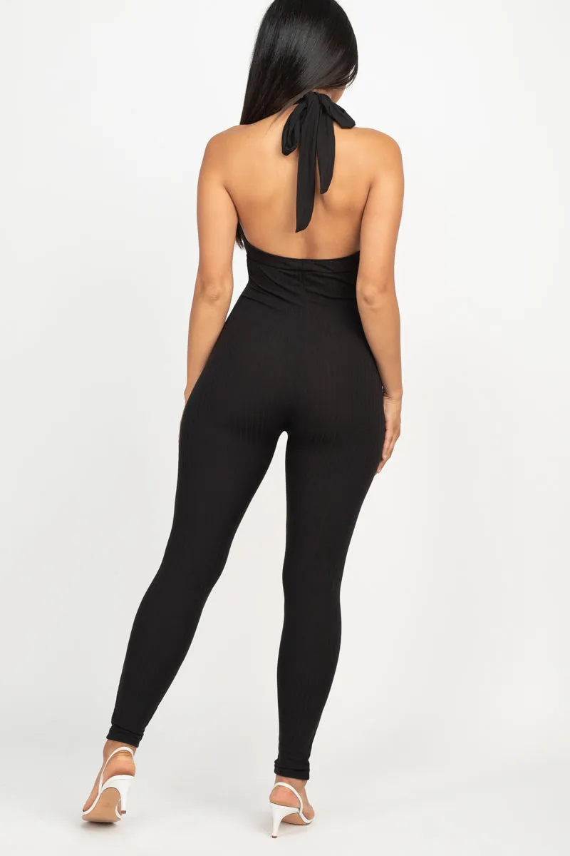 Halter V Neck Ribbed Bodycon Jumpsuit