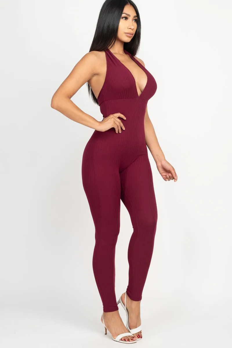 Halter V Neck Ribbed Bodycon Jumpsuit