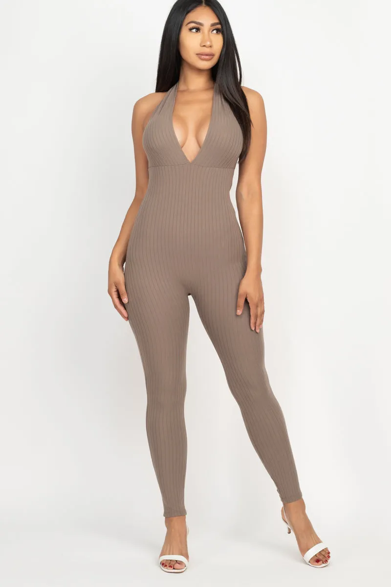 Halter V Neck Ribbed Bodycon Jumpsuit