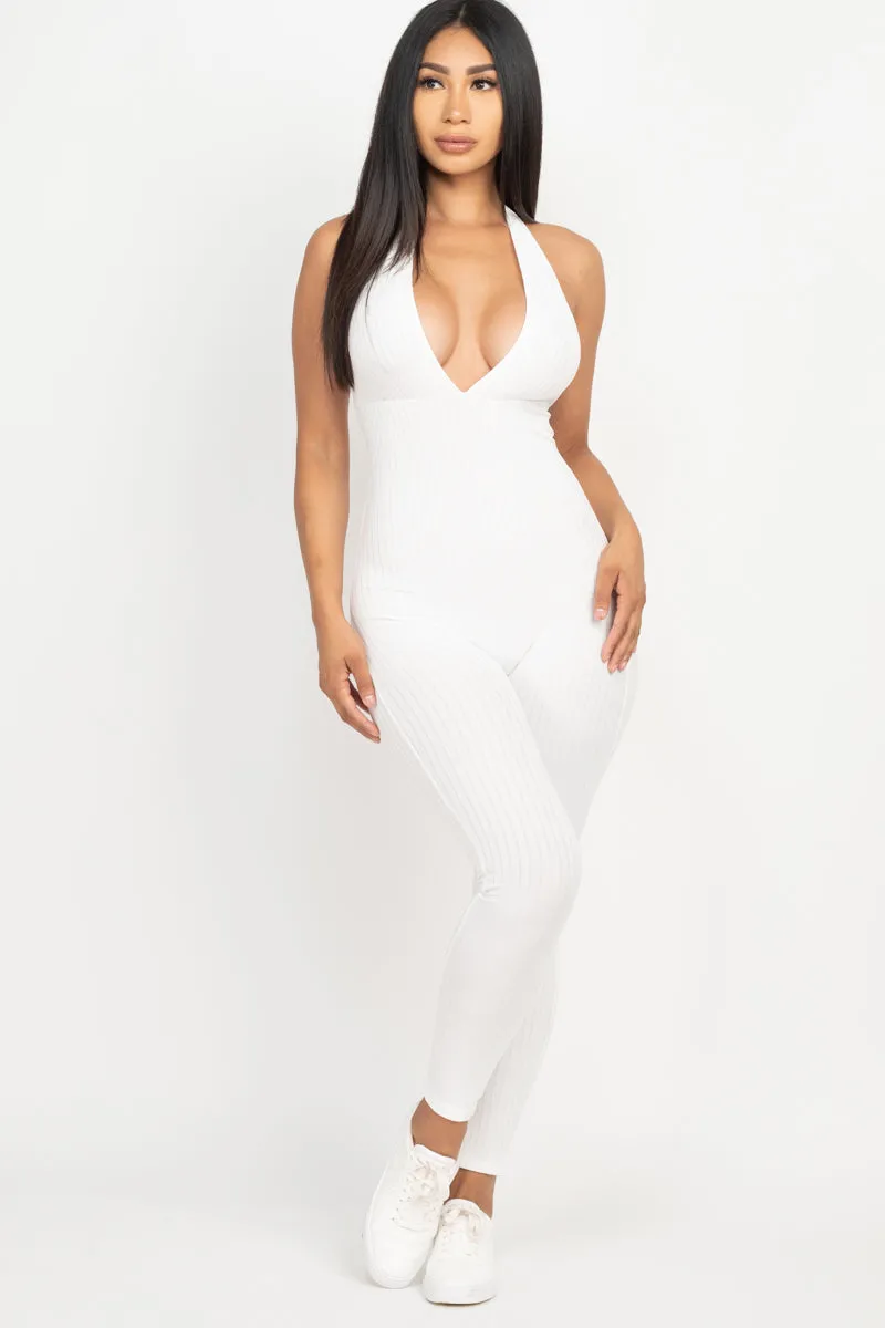 Halter V Neck Ribbed Bodycon Jumpsuit