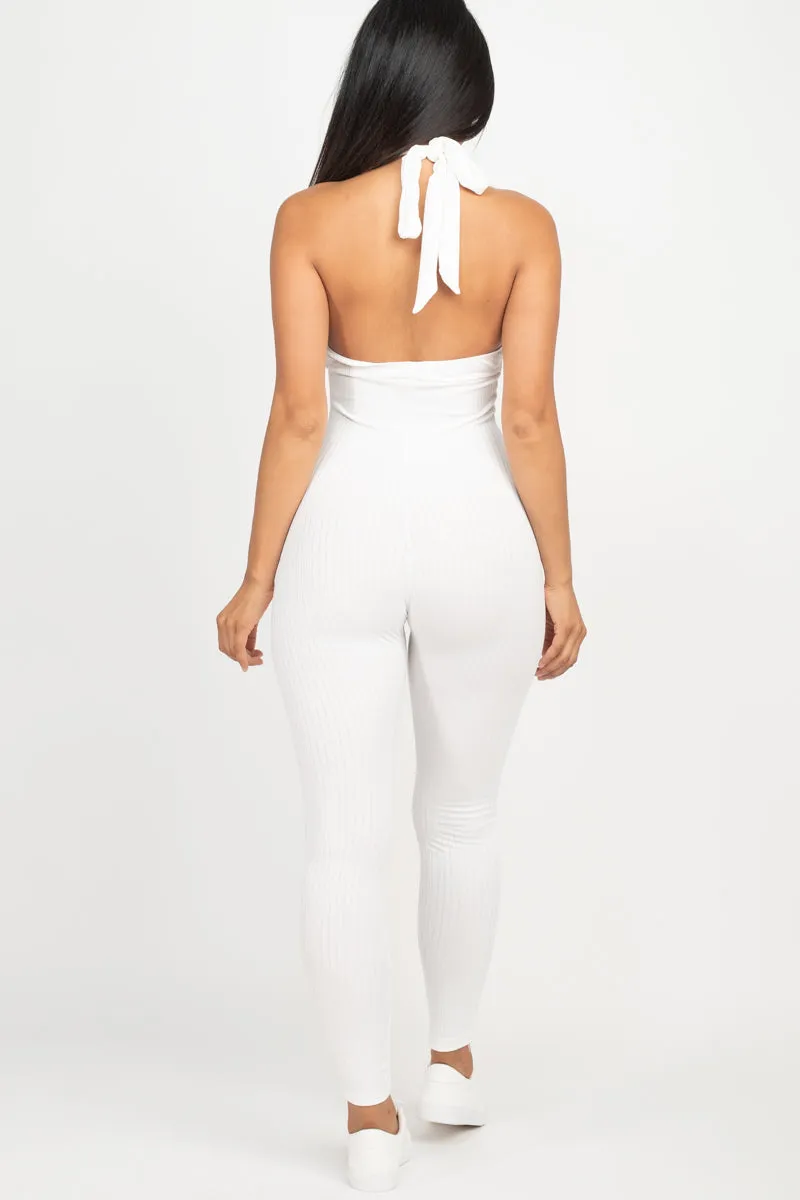 Halter V Neck Ribbed Bodycon Jumpsuit