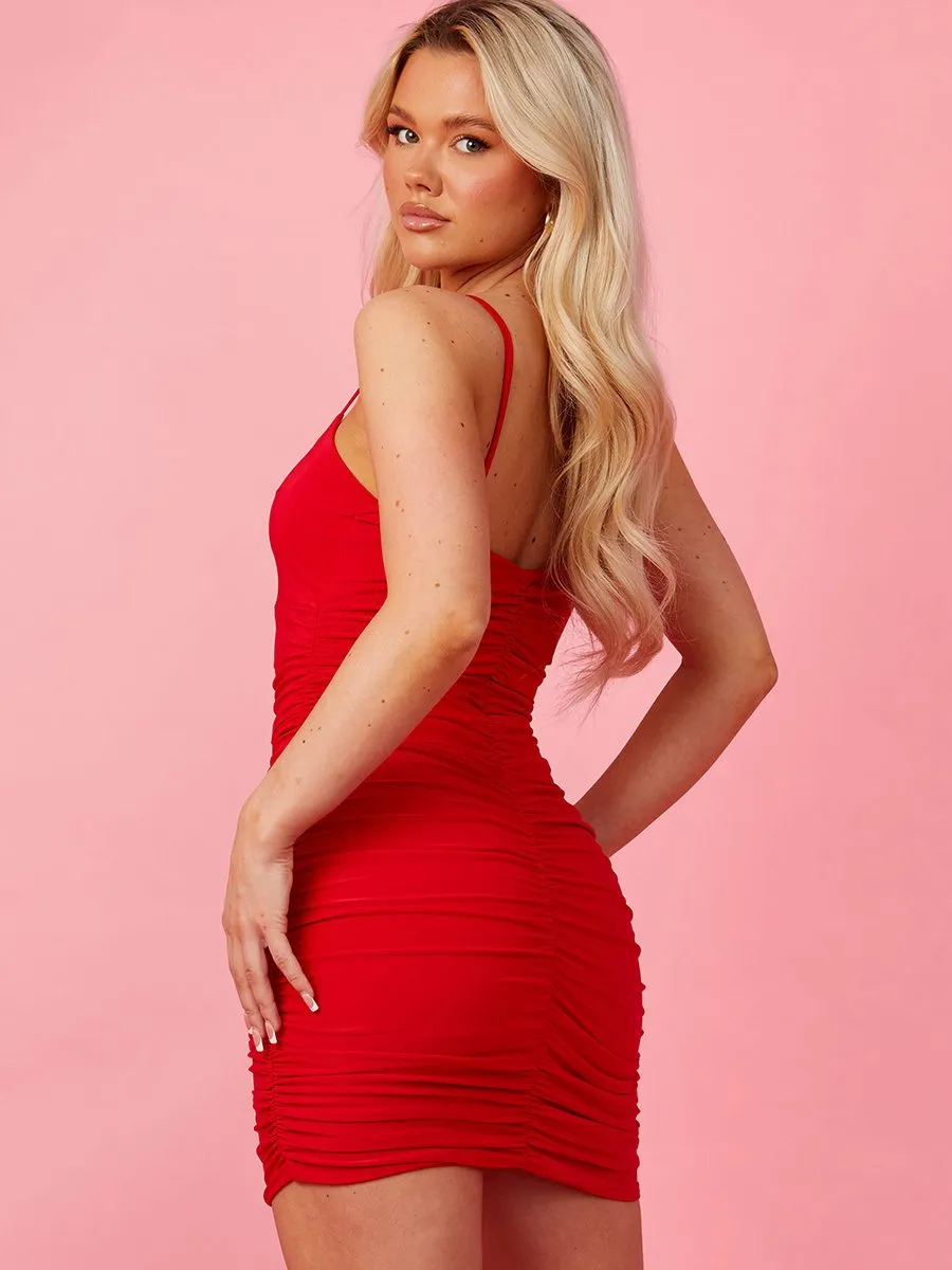 Heidi Cut Out Front Slinky Ruched Cami Dress In Red
