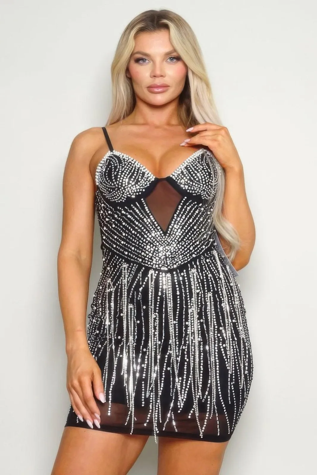 Hot Fix Rhinestone Mini Dress in Black