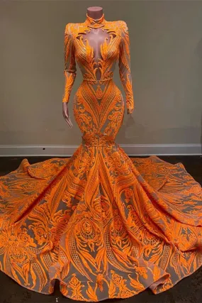Hot Orange High neck Long Sleeves Mermaid Sequin Prom Dresses
