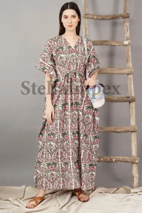 Indian Handmade Beautifull Cotton Kaftan Elegant Pink & Green Floral Long Caftan Resort Wear Beach Dress Boho Kaftan, Gift for Her