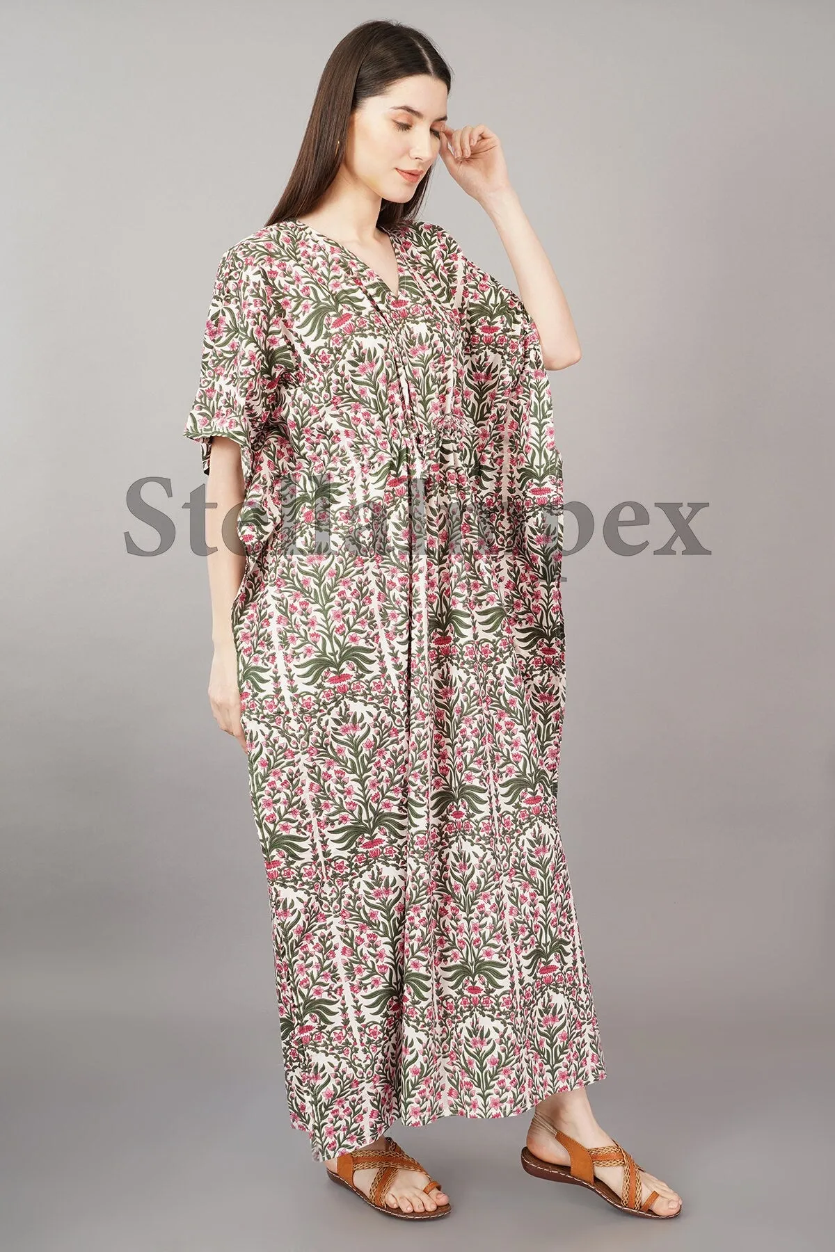 Indian Handmade Beautifull Cotton Kaftan Elegant Pink & Green Floral Long Caftan Resort Wear Beach Dress Boho Kaftan, Gift for Her