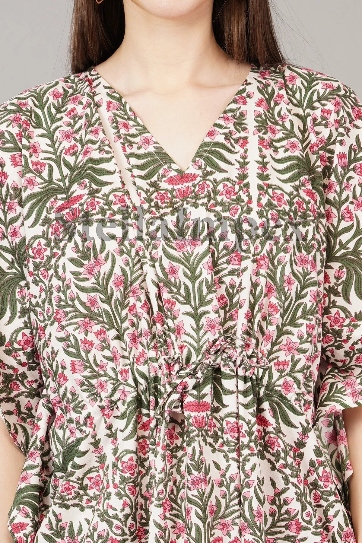 Indian Handmade Beautifull Cotton Kaftan Elegant Pink & Green Floral Long Caftan Resort Wear Beach Dress Boho Kaftan, Gift for Her