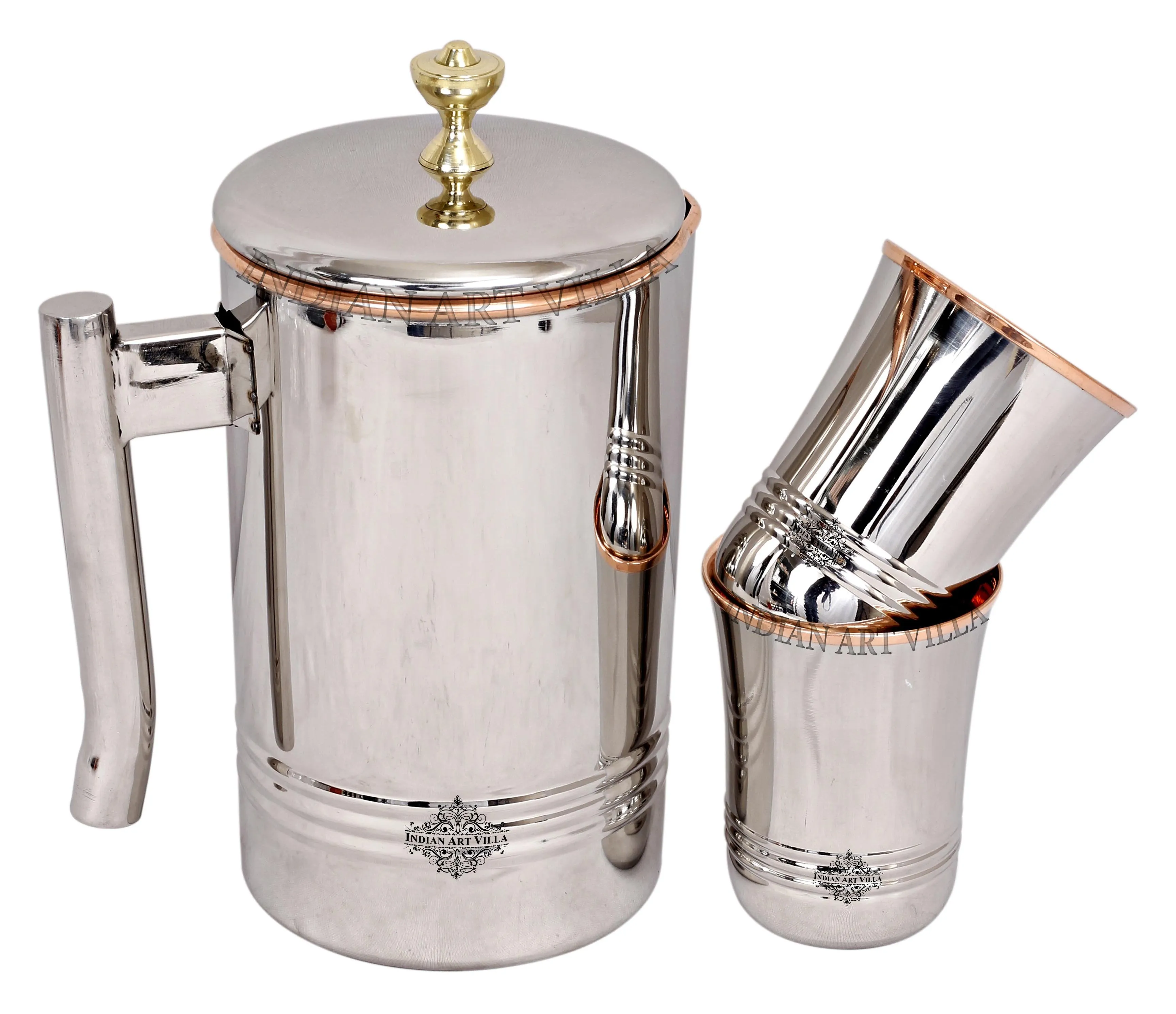 IndianArtVila Handmade Pure Steel & Copper Jug No.2 With Brass Knob & 2 Glass, Drinkware Gift Set