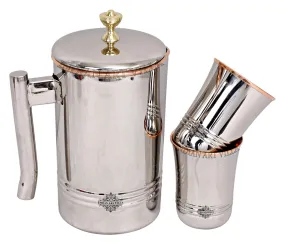 IndianArtVila Handmade Pure Steel & Copper Jug No.2 With Brass Knob & 2 Glass, Drinkware Gift Set
