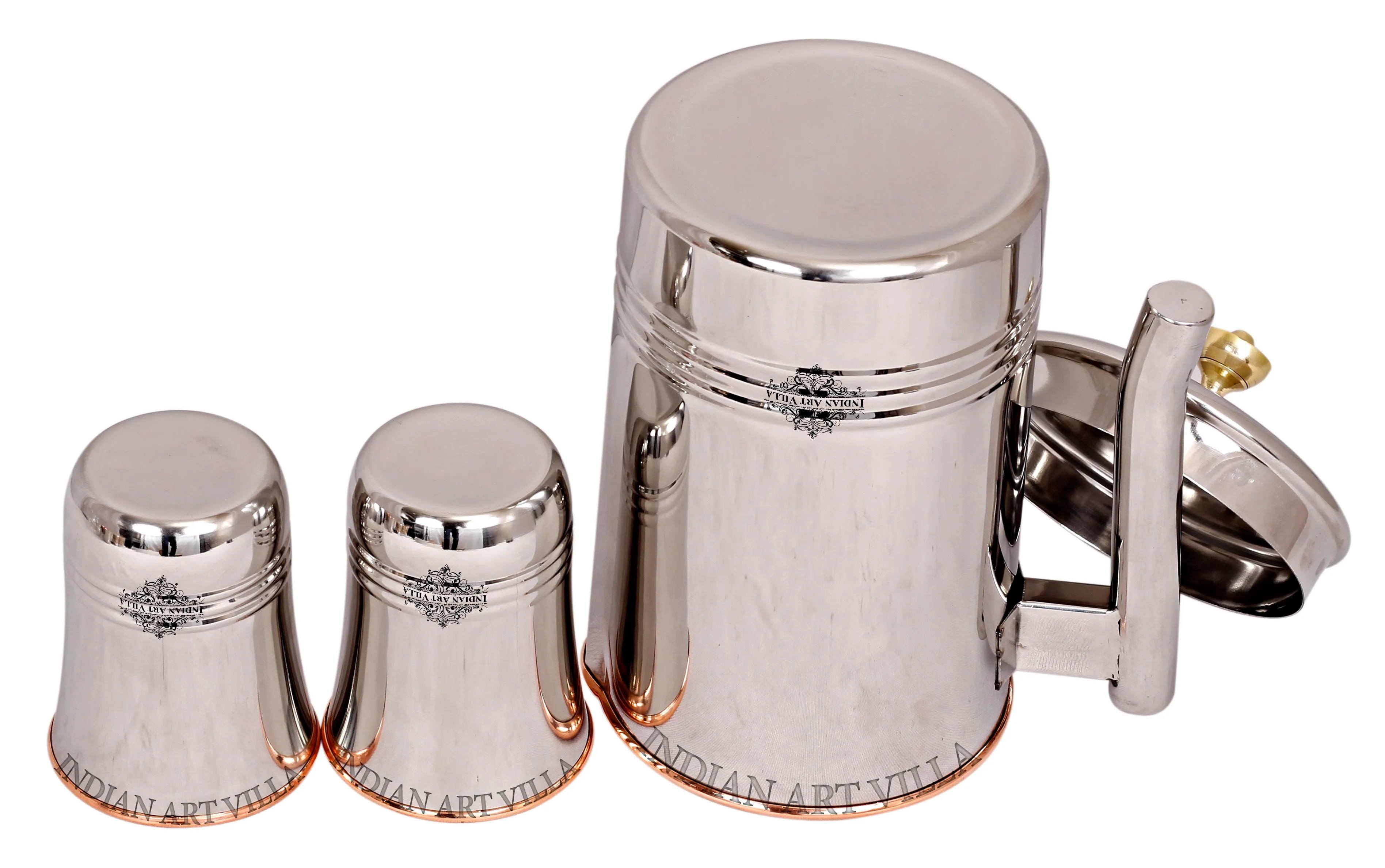 IndianArtVila Handmade Pure Steel & Copper Jug No.2 With Brass Knob & 2 Glass, Drinkware Gift Set