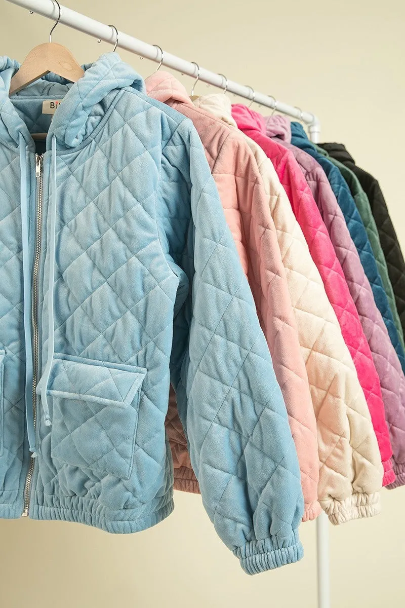 IP5748G-01 | QUILTED VELVET HOOD JACKET WITH POCKET