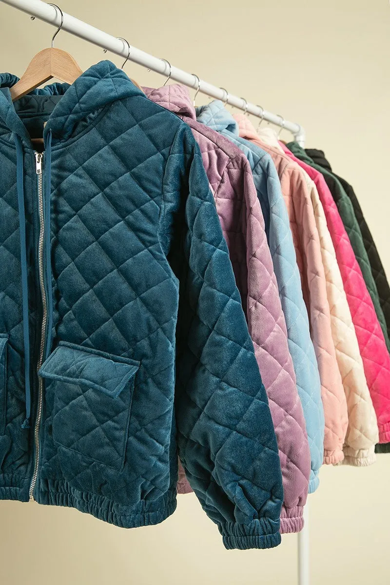 IP5748G-01 | QUILTED VELVET HOOD JACKET WITH POCKET
