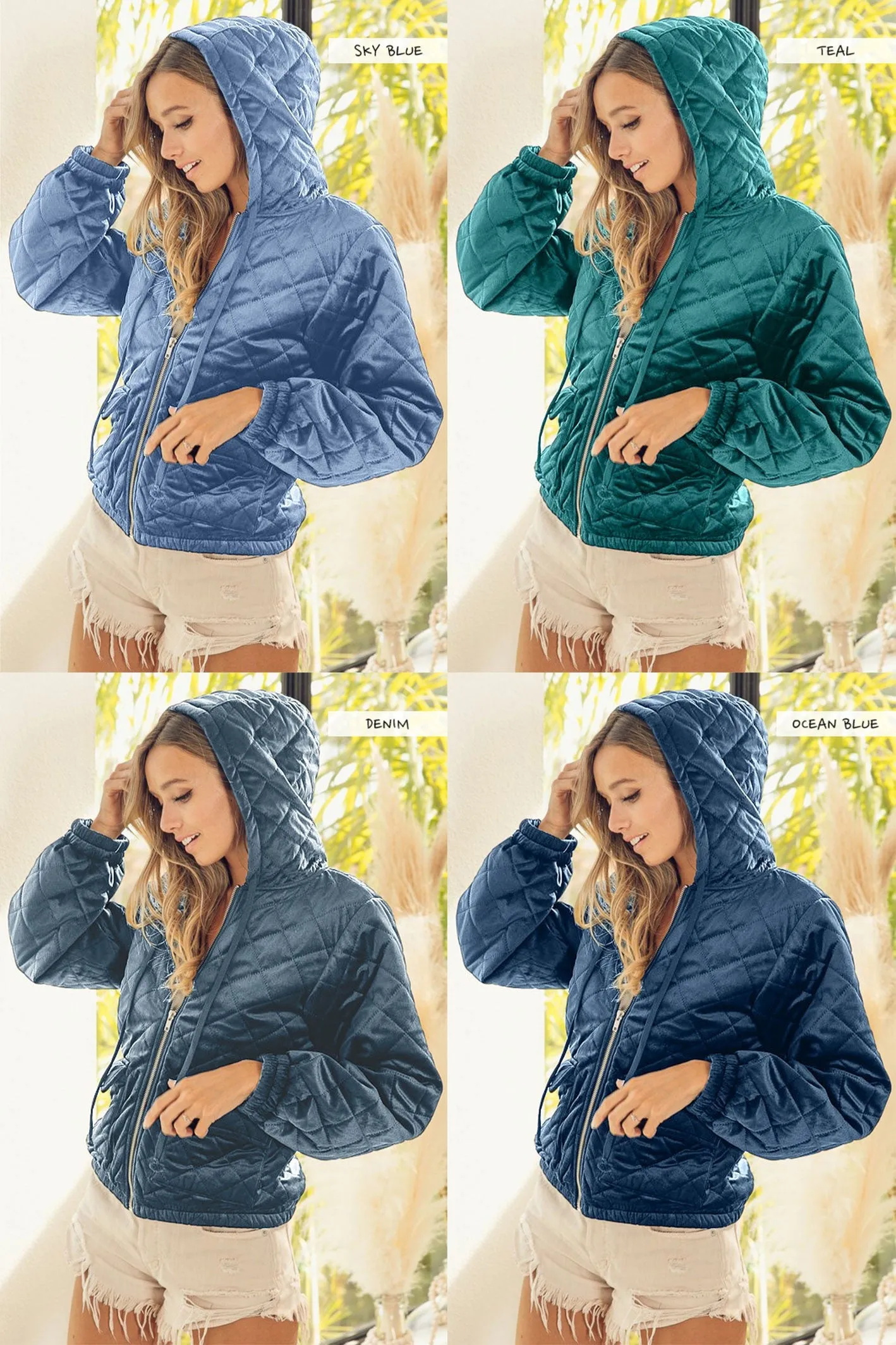 IP5748G-01 | QUILTED VELVET HOOD JACKET WITH POCKET