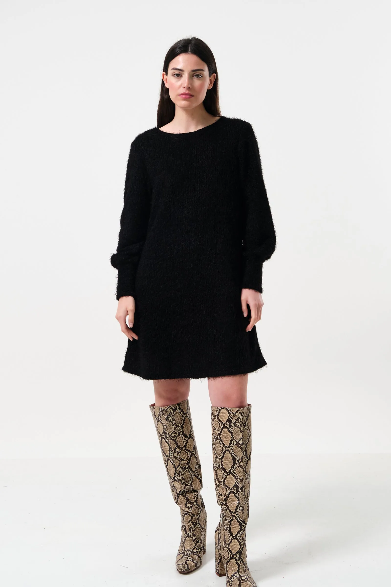 Jenyfer Eyelash Rib Long Sleeve Mini Dress - Black