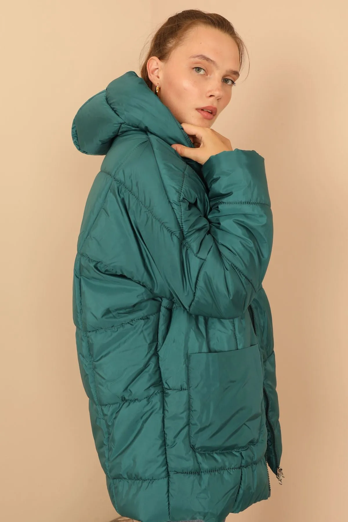 KKT Quilted Fabric Long Sleeve Zip Neck Short Oversize Women Coat - Emerald Green - Staten Island