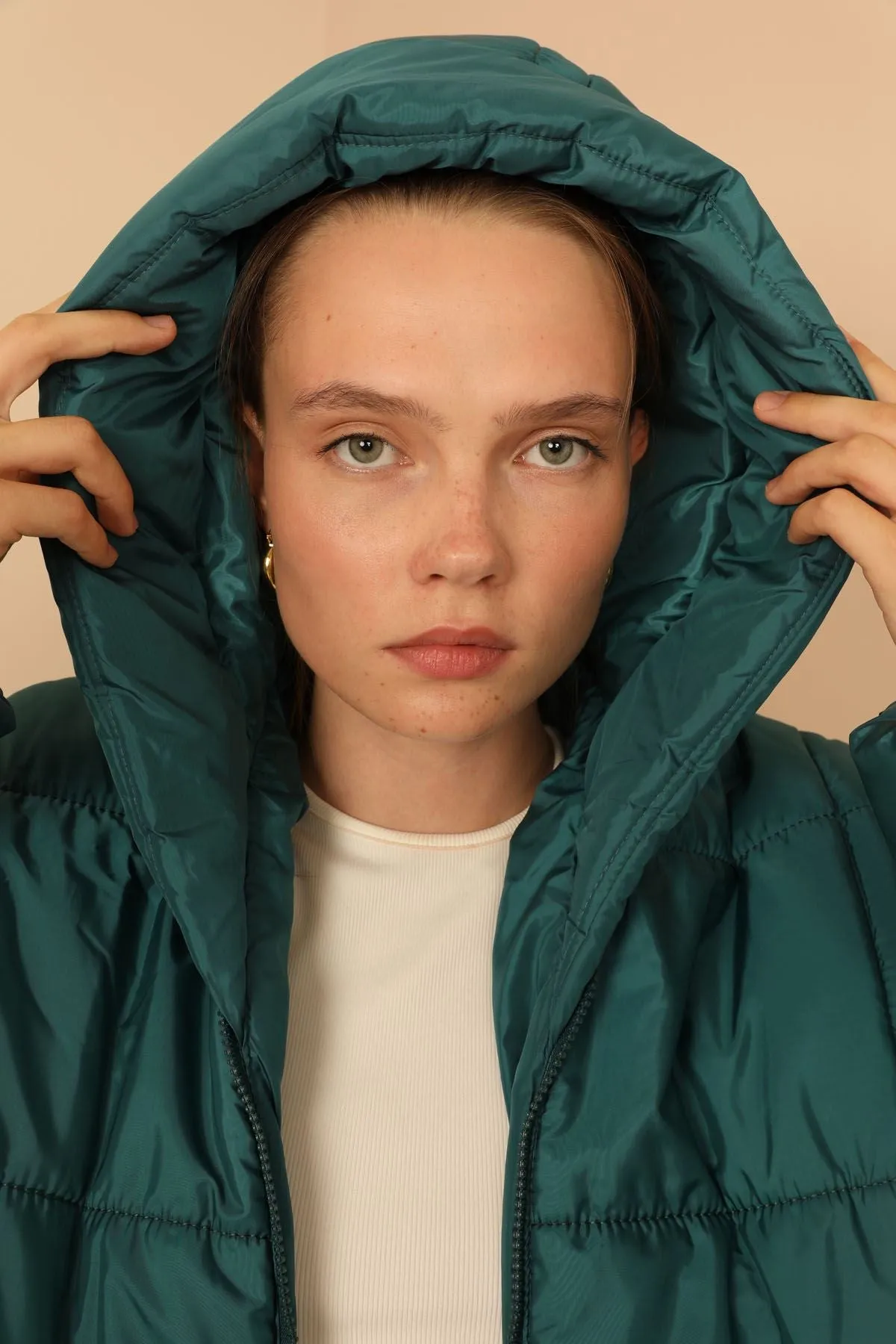 KKT Quilted Fabric Long Sleeve Zip Neck Short Oversize Women Coat - Emerald Green - Staten Island