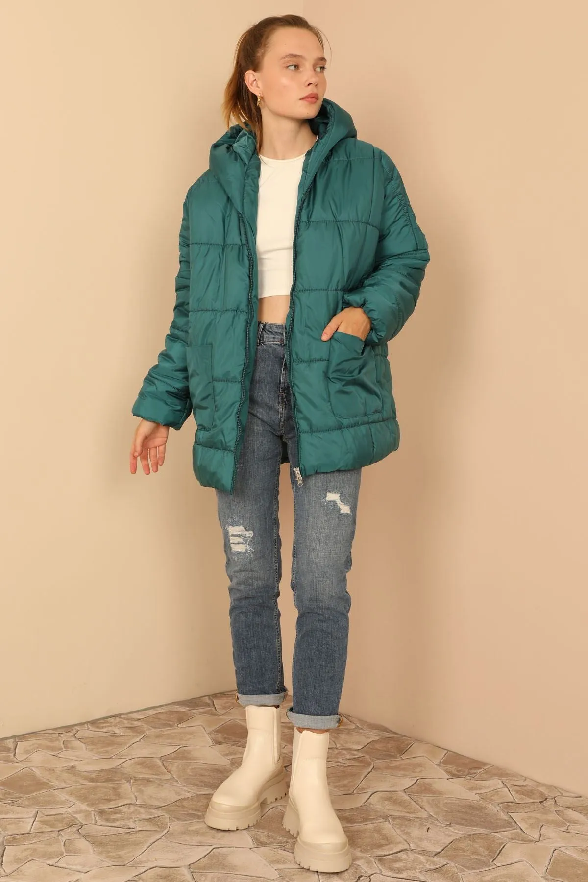 KKT Quilted Fabric Long Sleeve Zip Neck Short Oversize Women Coat - Emerald Green - Staten Island