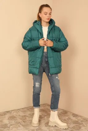 KKT Quilted Fabric Long Sleeve Zip Neck Short Oversize Women Coat - Emerald Green - Staten Island