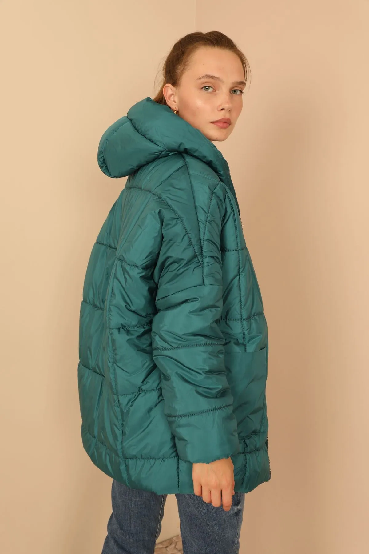 KKT Quilted Fabric Long Sleeve Zip Neck Short Oversize Women Coat - Emerald Green - Staten Island