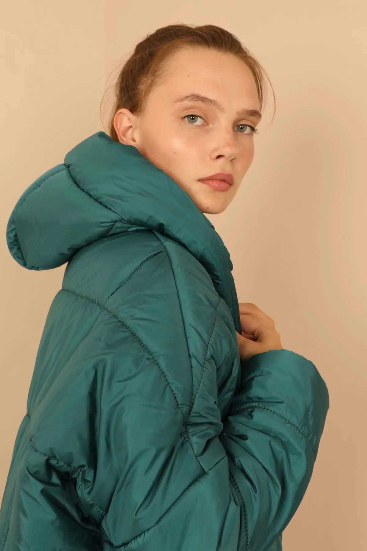 KKT Quilted Fabric Long Sleeve Zip Neck Short Oversize Women Coat - Emerald Green - Staten Island