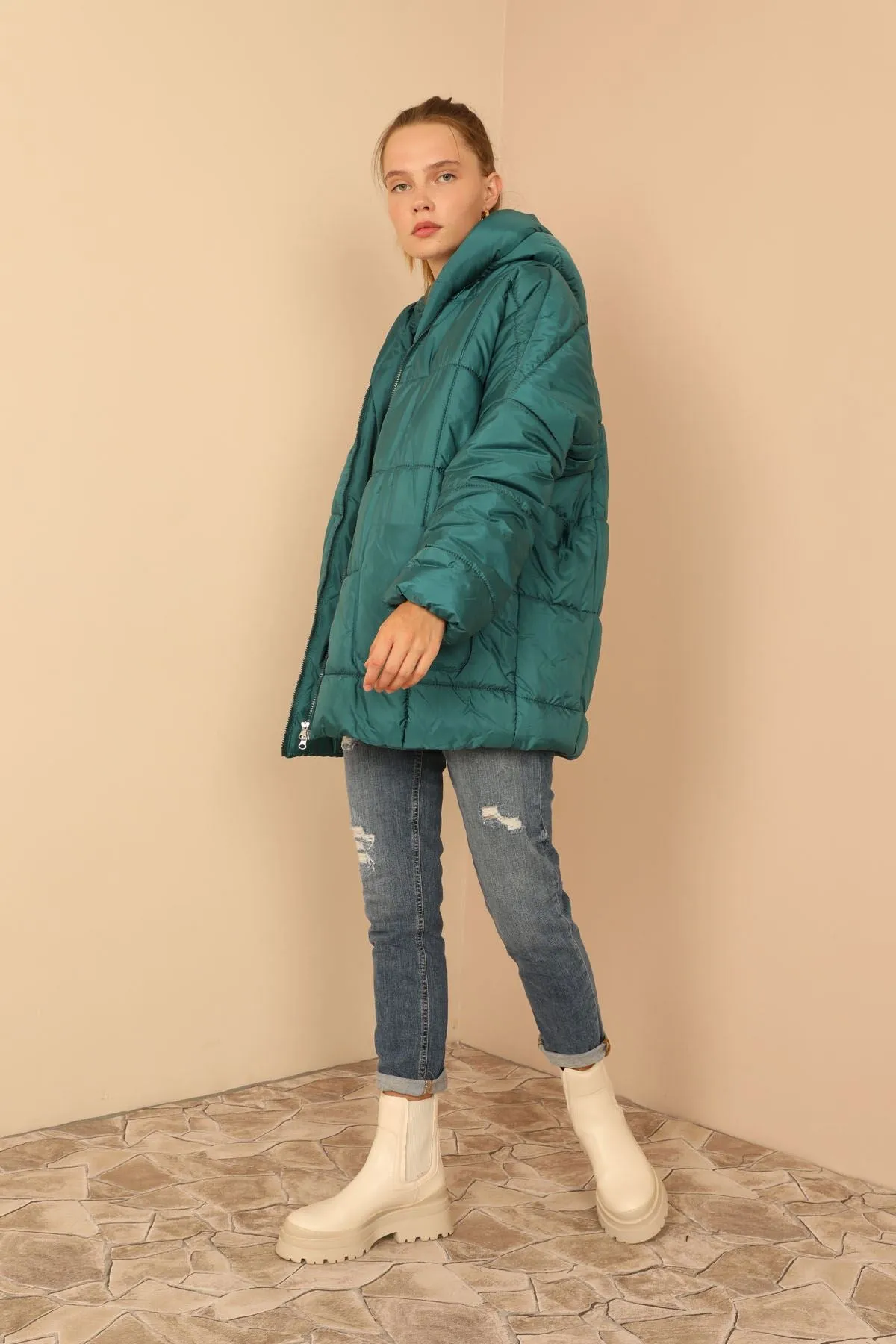 KKT Quilted Fabric Long Sleeve Zip Neck Short Oversize Women Coat - Emerald Green - Staten Island