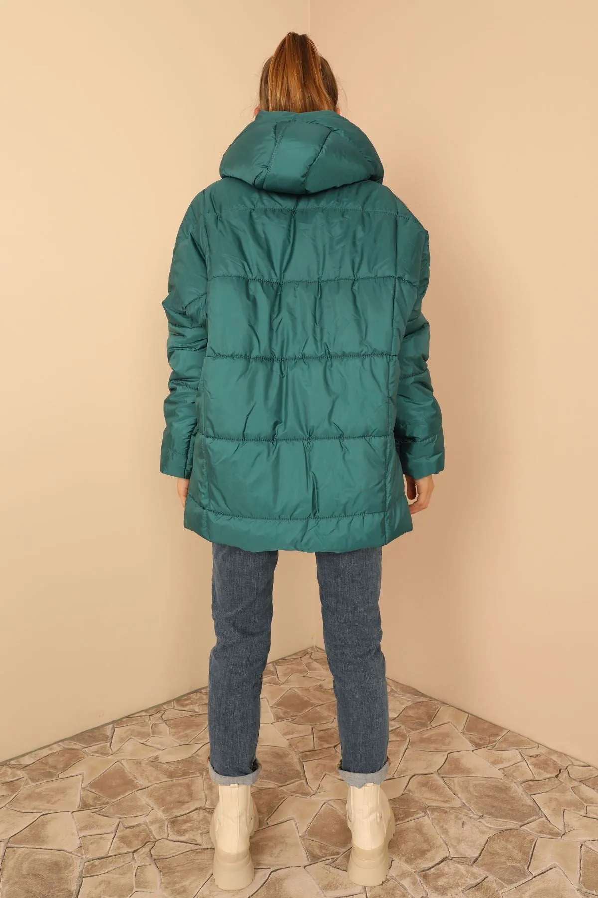 KKT Quilted Fabric Long Sleeve Zip Neck Short Oversize Women Coat - Emerald Green - Staten Island