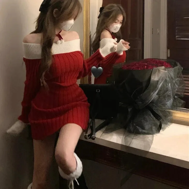 LANFUBEISI Christmas Sexy Red Christmas Dress Women Autumn Winter Korean Style Slash Neck Bodycon Knitted Dresses Female Elegant Y2k Party Mini Dress