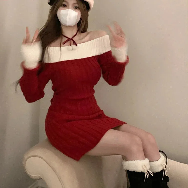 LANFUBEISI Christmas Sexy Red Christmas Dress Women Autumn Winter Korean Style Slash Neck Bodycon Knitted Dresses Female Elegant Y2k Party Mini Dress