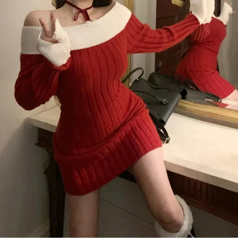 LANFUBEISI Christmas Sexy Red Christmas Dress Women Autumn Winter Korean Style Slash Neck Bodycon Knitted Dresses Female Elegant Y2k Party Mini Dress