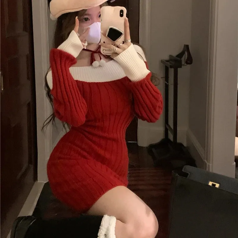 LANFUBEISI Christmas Sexy Red Christmas Dress Women Autumn Winter Korean Style Slash Neck Bodycon Knitted Dresses Female Elegant Y2k Party Mini Dress