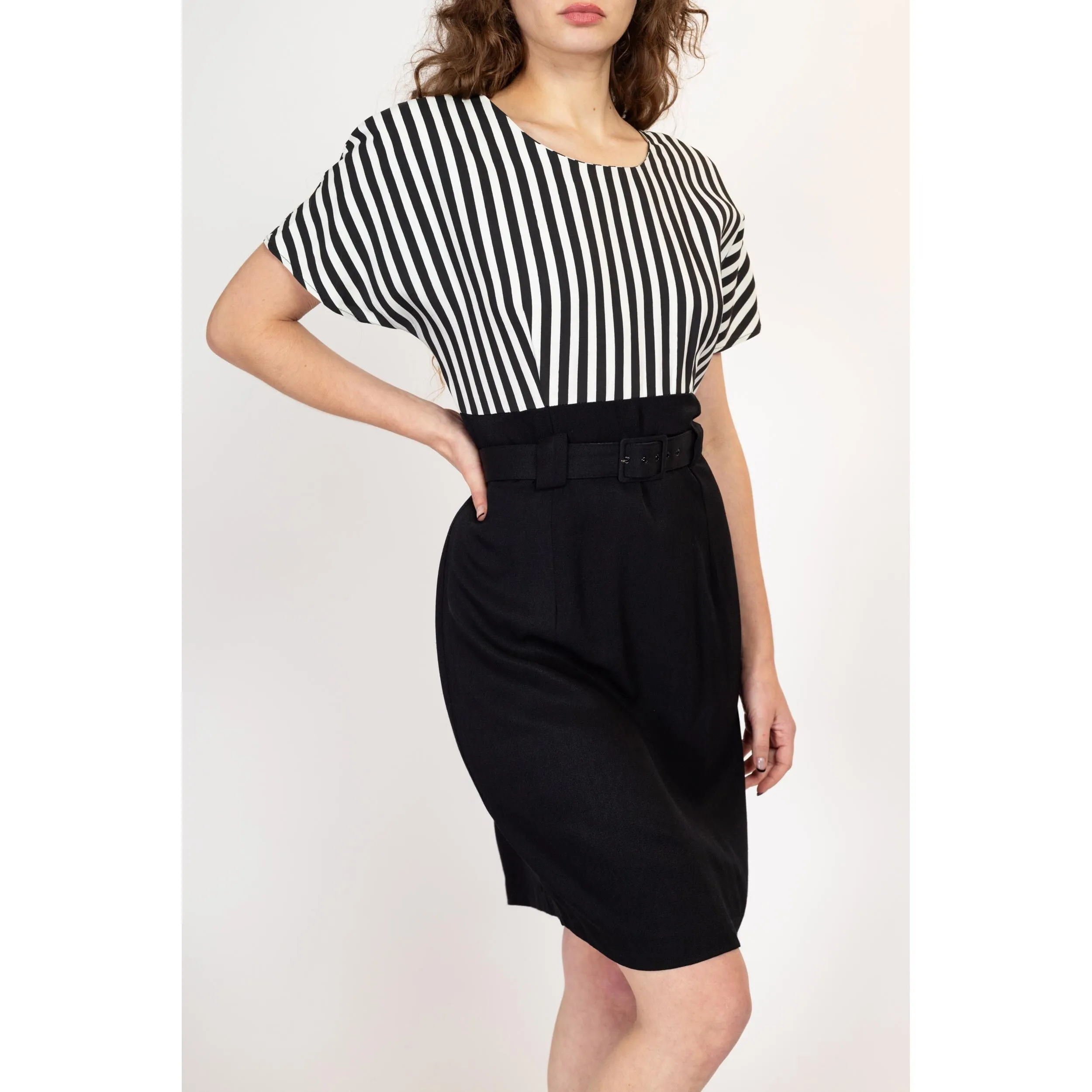 Large 80s Black & White Striped Belted Mini Dress