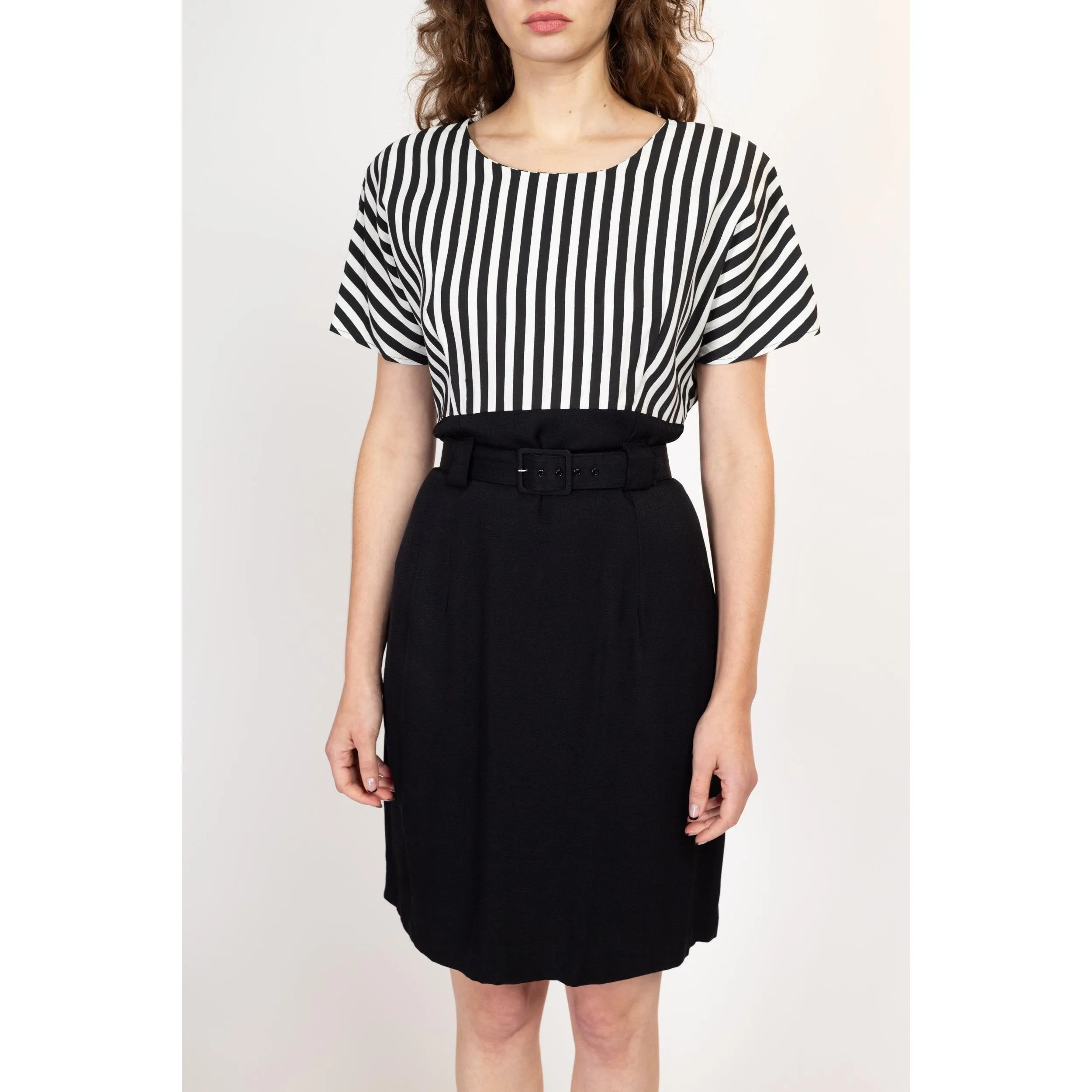 Large 80s Black & White Striped Belted Mini Dress