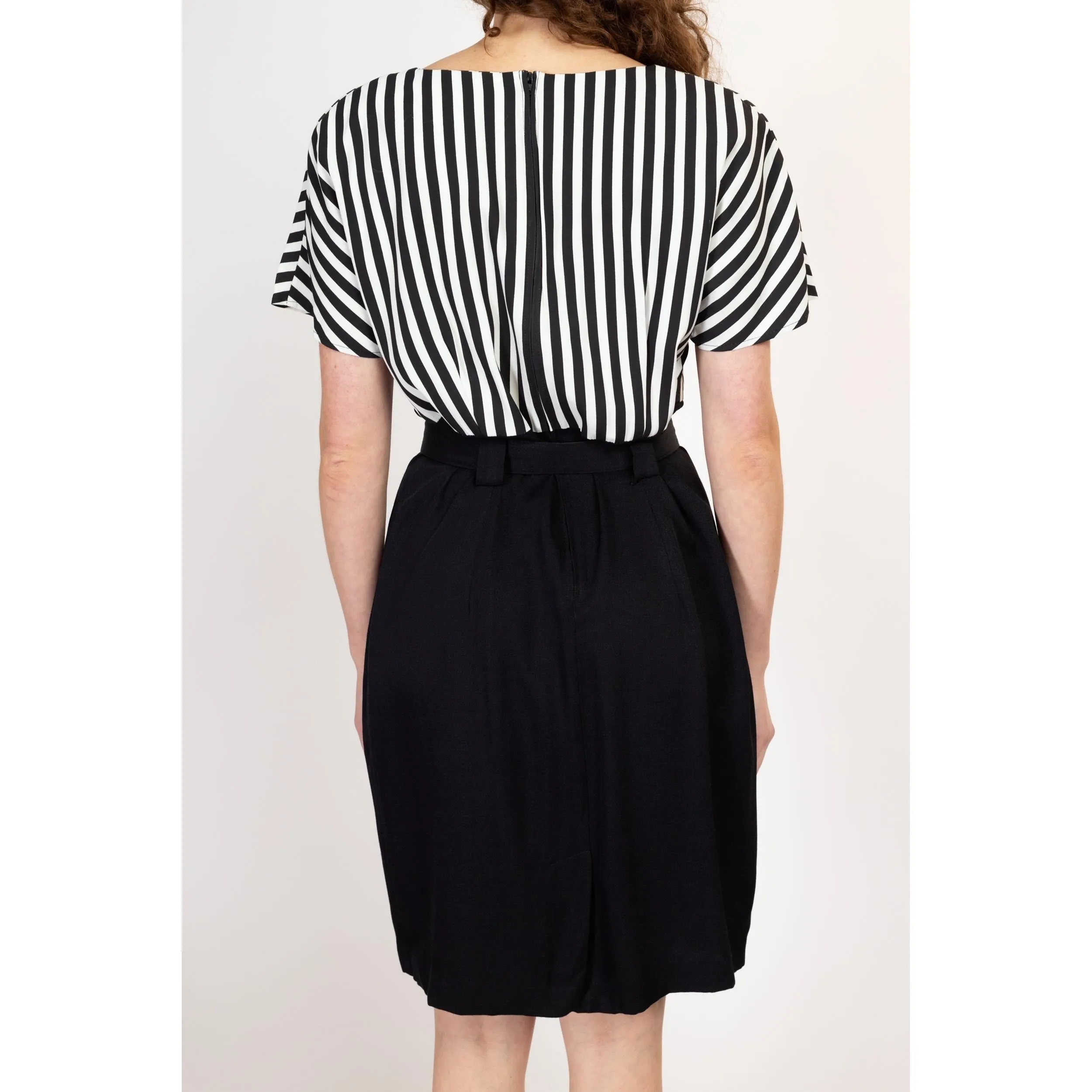 Large 80s Black & White Striped Belted Mini Dress