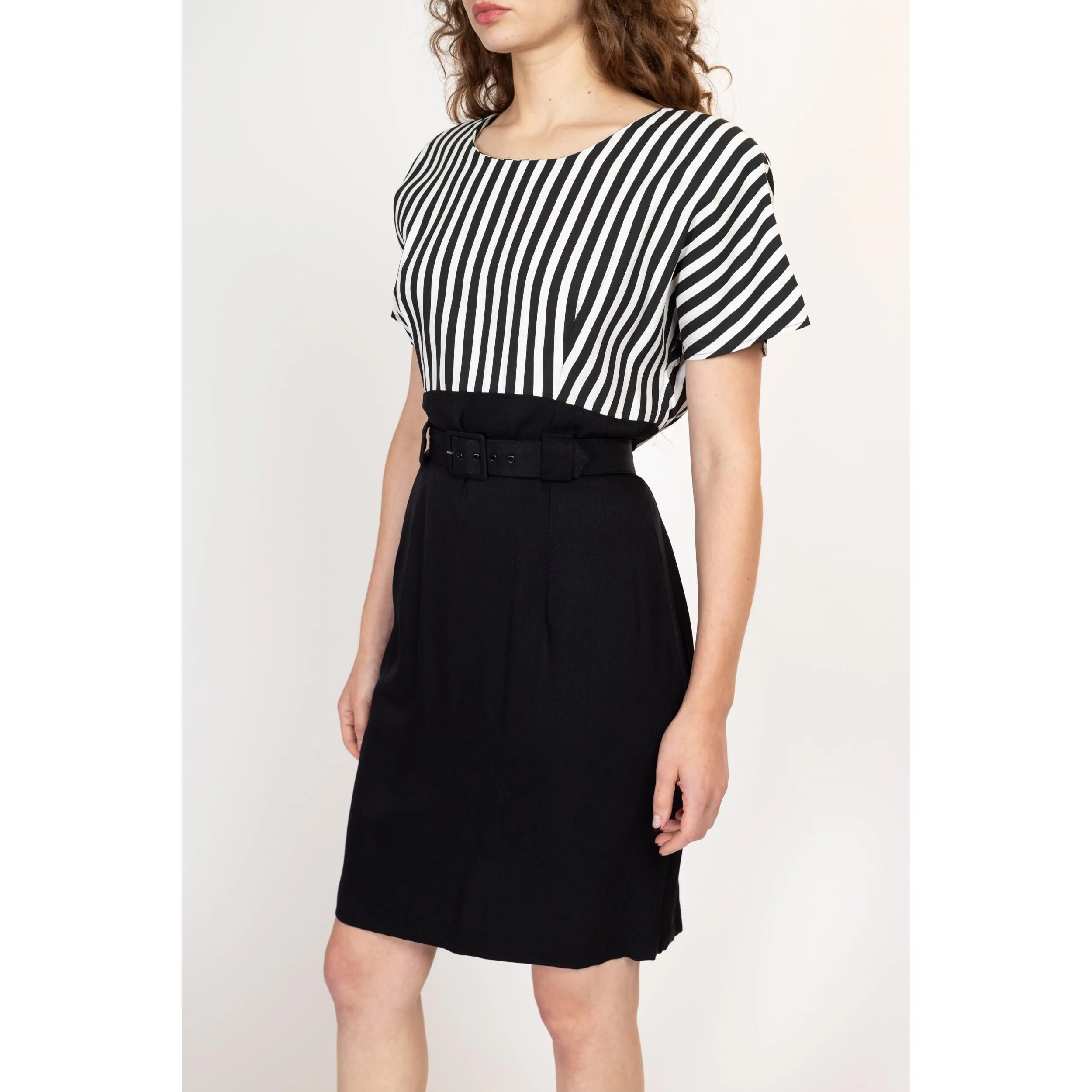 Large 80s Black & White Striped Belted Mini Dress