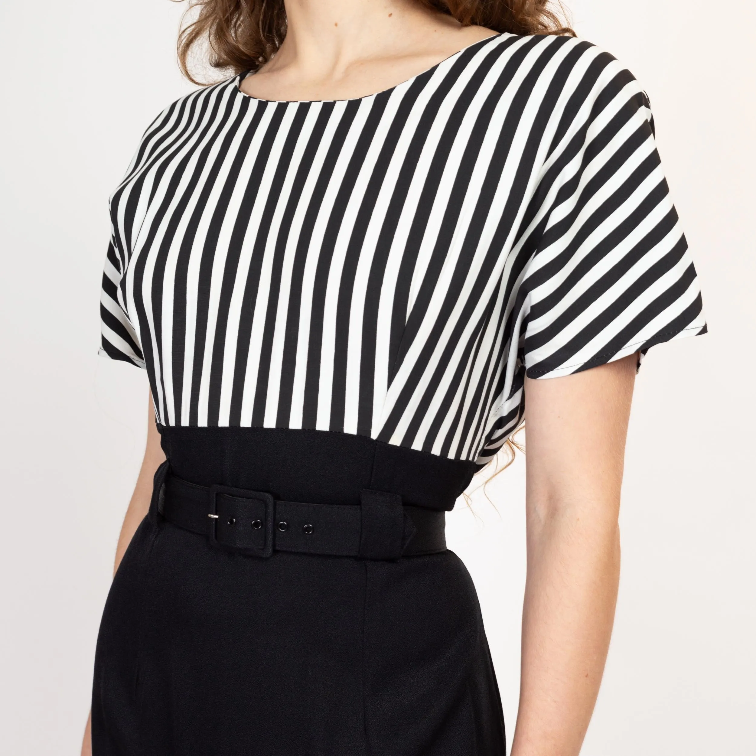 Large 80s Black & White Striped Belted Mini Dress